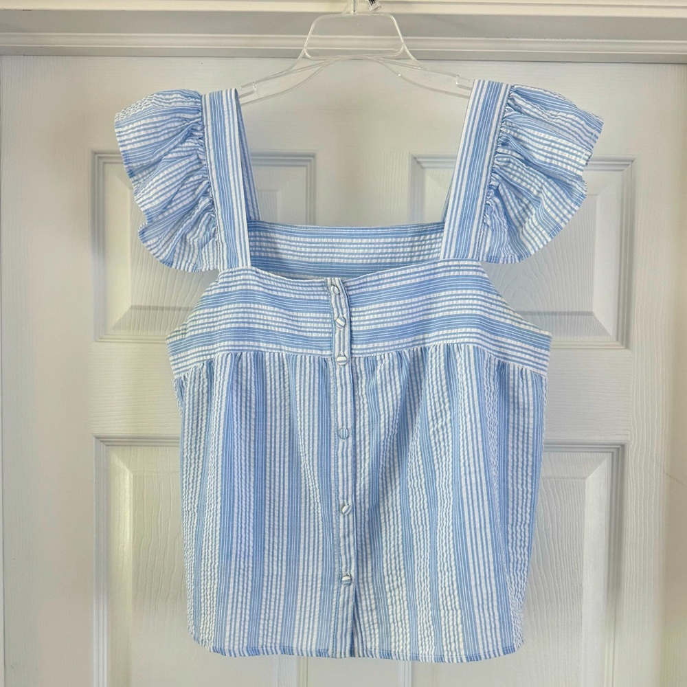 SOLD Baby blue stripe ruffle sleeve crop top
